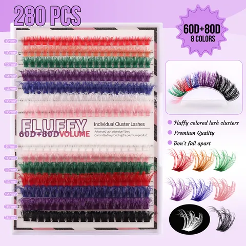 CMAYOME DIY Cluster Lashes Extension Kit Colored Halloween Style D Curl Volume Synthetic Fiber Eyelash Bond Seal Remover Tweezer Brush