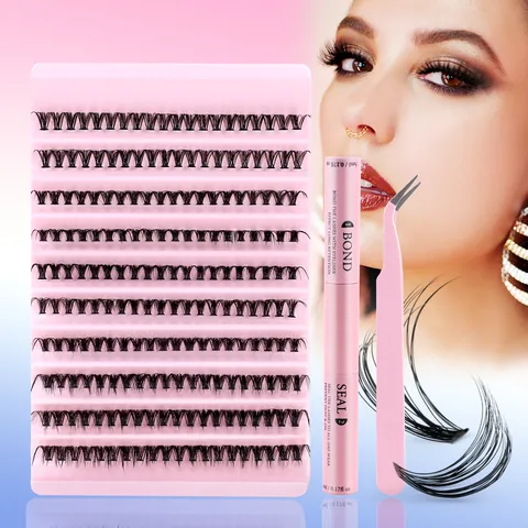 DIY Individual Eyelash Extension Kit With Lash Bond And Seal Tweezer Synthetic Fiber Mixed Cluster Lashes For Women