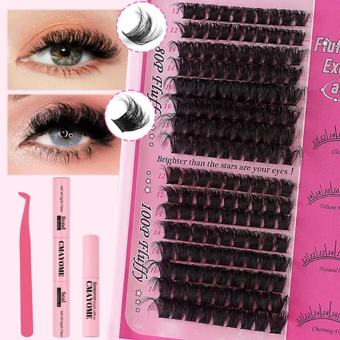 DIY Cluster Lashes Kit 80D 100D Μικτό Μήκος D Καμπύλη Μαύρη ίνα Κόλλα Βλεφαρίδων Και Σφραγιστικό Αφαίρεση Ροζ Τσιμπιδάκι Εργαλείο