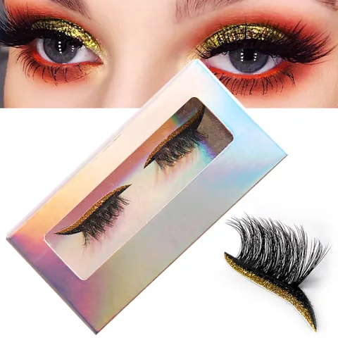 Glitter Eyeliner False Eyelashes Integrated Self Adhesive Reusable Thick Winged Fake Lashes For Women Party Stage Makeup