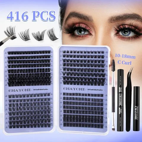 DIY Individual Eyelash Extension Kit With Bond And Seal Remover Tweezer Brush Waterproof Voluminous Natural False Eyelashes Clusters For Women Beauty Makeup Tools