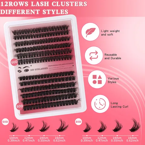 Kit Extension Ciglia Fai-da-Te D Curl Cluster Lashes Ciglia Professionali in Fibra Sintetica Bond Seal Remover Pinzetta Spazzola
