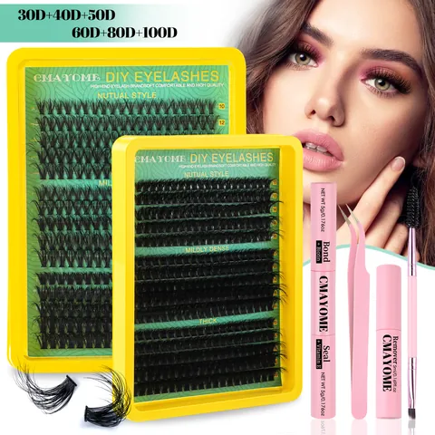 Kit de Extensión de Pestañas Postizas en Racimos Individuales DIY Curvatura D Longitud Mixta Racimos de Pestañas de Fibra Sintética Con Kit Pegamento Removedor