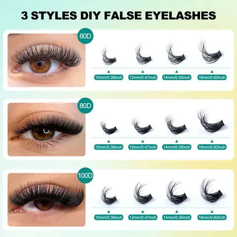 Kit de Extensión de Pestañas Postizas en Racimos Individuales DIY Curvatura D Longitud Mixta Racimos de Pestañas de Fibra Sintética Con Kit Pegamento Removedor