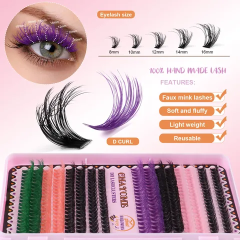 Ciglia a Ciuffetti Fai-da-te Halloween Ciglia Finte Colorate Fibra Sintetica Curvatura D Kit Estensione Ciglia Individuali Con Strumenti Donna