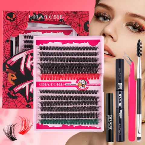 DIY Halloween Colored Cluster Lashes Kit 10-18mm Segmented False Eyelashes With Bond Seal Remover Tweezer Brush For Women Makeup