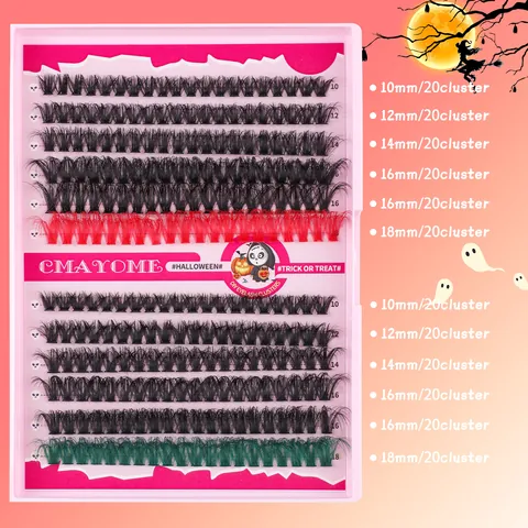 DIY Halloween Colored Cluster Lashes Kit 10-18mm Segmented False Eyelashes With Bond Seal Remover Tweezer Brush For Women Makeup