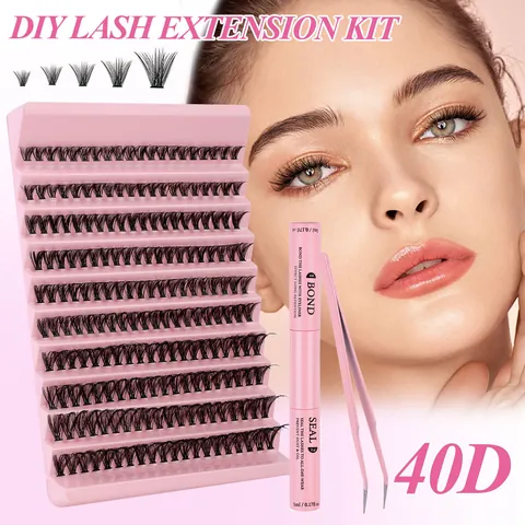 DIY Wimpernverlängerung Set Segmentierte Cluster Wimpern Gemischte Längen Mit Kleber Und Versiegelung Rosa Pinzette
