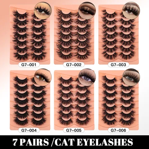 7 Pares de Pestañas Postizas de Visón Sintético 3D Ojo de Gato Densas Rizadas Cruzadas Largas Hechas a Mano Maquillaje