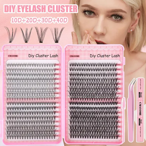 CMAYOME DIY Cluster Lashes Kit Voluminous D Curl Individual Eyelash Extensions With Bond And Seal Glue Tweezer Brush Pink Box For Women Beauty