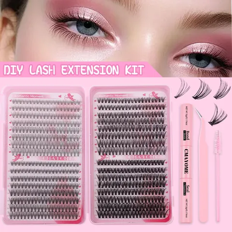 DIY False Eyelash Extension Collection 640 Clusters Segmented Individual Lashes Bond Seal Glue Tweezers Brush Pink Makeup Tools