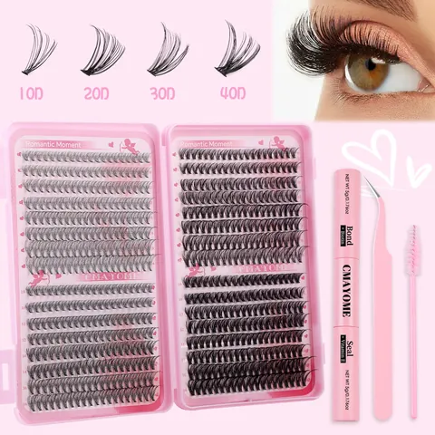 DIY False Eyelash Extension Collection 640 Clusters Segmented Individual Lashes Bond Seal Glue Tweezers Brush Pink Makeup Tools