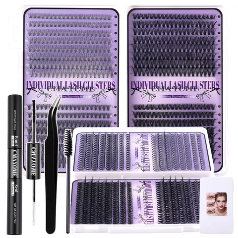 Kit Extension Ciglia Fai-da-Te Curvatura D Ciglia Individuali a Grappolo Voluminose Lunghezza Mista con Strumenti