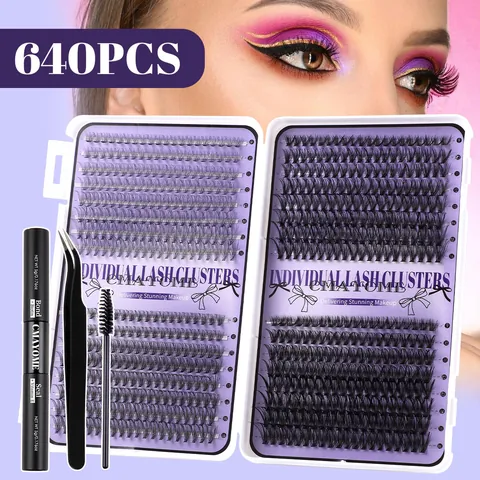 Kit Extension Ciglia Fai-da-Te Curvatura D Ciglia Individuali a Grappolo Voluminose Lunghezza Mista con Strumenti