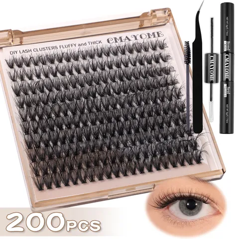 Kit Extension de Cils en Grappe DIY Faux Cils en Fibre Synthétique Moelleux D Courbure Avec Colle Scellante Pince Pinceau Femme