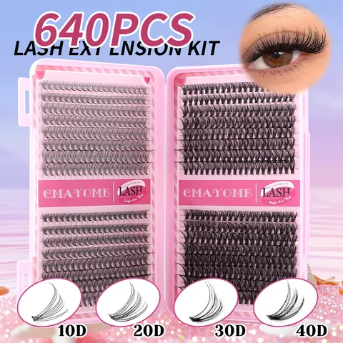 DIY Individual Cluster Lashes Kit Fluffy Thick False Eyelashes With Lash Bond And Seal Tweezers Brush For Extension