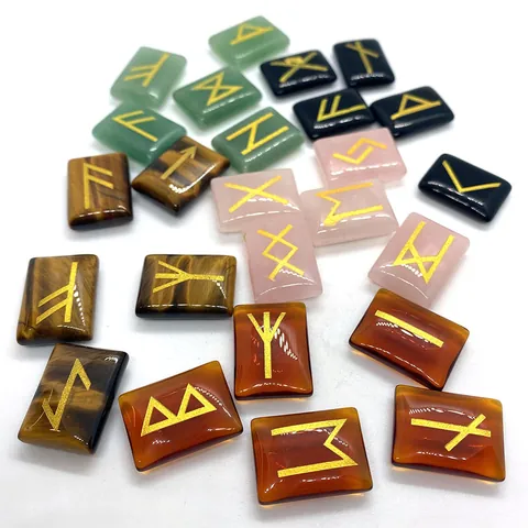 Juego de Piedras Rúnicas de Piedra Natural Rectangular Símbolos Grabados para Adivinación Meditación Amatista Cuarzo Rosa
