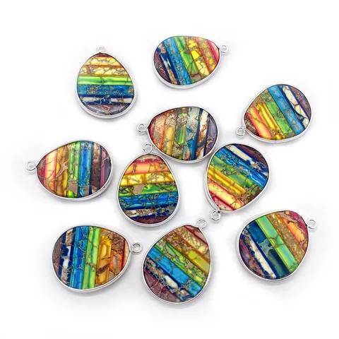 Natural Rainbow Emperor Stone Teardrop Pendant Colorful Sea Sediment Jasper Spliced Semi Precious Stone With Silver Alloy Border For DIY Jewelry Making Accessories