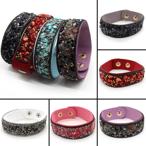 Pulsera Ancha de Cuero con Incrustaciones de Piedras Naturales de Estilo Bohemio para Mujer Brazalete Étnico Vintage Ajustable Joyería