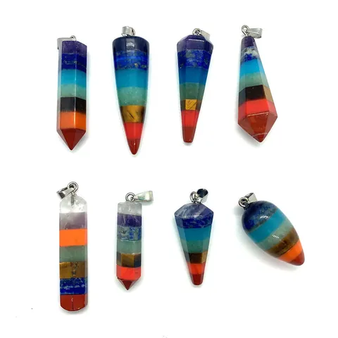 Natural Stone 7 Chakra Hexagonal Pillar Point Pendant Crystal Amethyst Reiki Healing Bullet Charm For DIY Jewelry Making