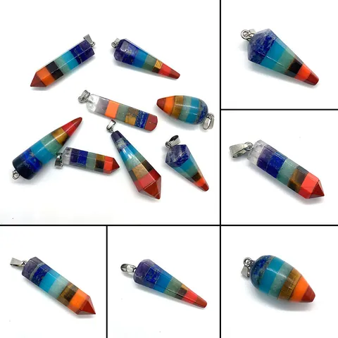 Natural Stone 7 Chakra Hexagonal Pillar Point Pendant Crystal Amethyst Reiki Healing Bullet Charm For DIY Jewelry Making
