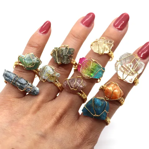 Handmade Irregular Natural Stone Wire Wrapped Adjustable Copper Ring For Women Men Raw Crystal Quartz Boho Jewelry Gift