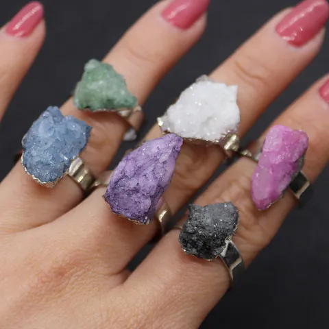 Vintage Natural Stone Crystal Adjustable Ring Irregular Raw Druzy Quartz Rimmed Band For Women Men Bohemian Jewelry Gift