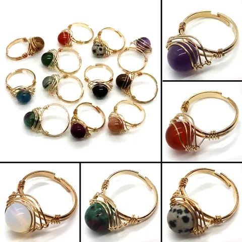 Handmade Natural Stone Round Bead Wire Wrapped Rings For Women Gold Color Adjustable Amethyst Rose Quartz Bohemian Jewelry