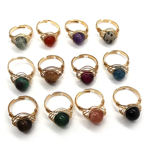 Handmade Natural Stone Round Bead Wire Wrapped Rings For Women Gold Color Adjustable Amethyst Rose Quartz Bohemian Jewelry