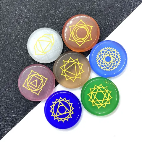 Piedras Curativas de Chakra de Piedra Natural Juego de Cuentas Planas Redondas Pulidas Símbolos Dorados Grabados para Meditación