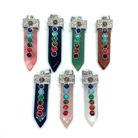 Natural Stone Seven Chakra Hexagonal Column Pendant Crystal Healing Sword Shape DIY Jewelry Making Accessories For Necklace