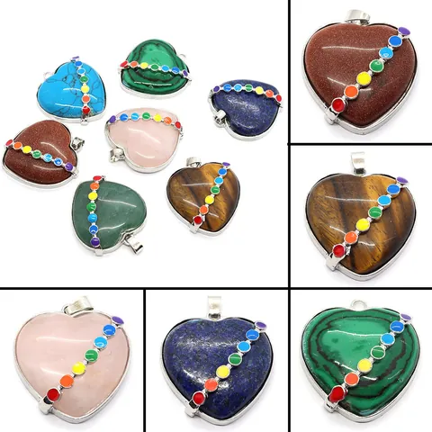 Heart Shaped Natural Stone Pendant with Seven Chakra Healing Crystals Zinc Alloy Edged Charms for DIY Jewelry Making Necklace Accessories