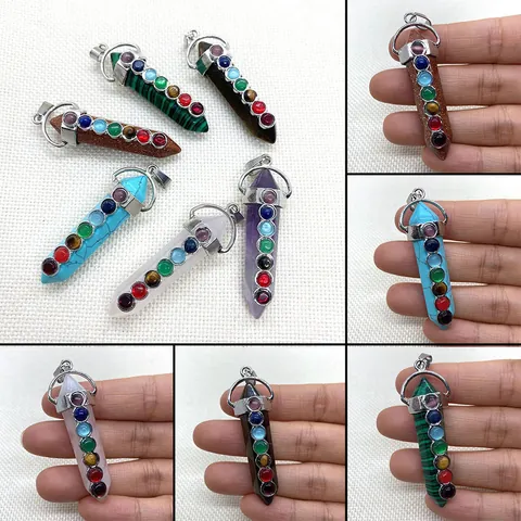 Natural Stone Hexagonal Point Pendant With 7 Chakra Beads Healing Crystal Amethyst Necklace Pendant Only Without Chain