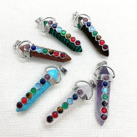 Natural Stone Hexagonal Point Pendant With 7 Chakra Beads Healing Crystal Amethyst Necklace Pendant Only Without Chain