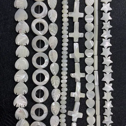 Natural Mother Of Artificial Pearl Shell Loose Beads Iridescent White Carved Heart Star Waterdrop Leaf Cross Beads For DIY Jewelry Making