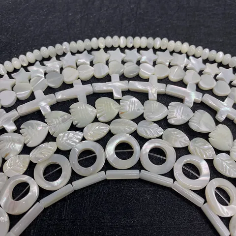 Natural Mother Of Artificial Pearl Shell Loose Beads Iridescent White Carved Heart Star Waterdrop Leaf Cross Beads For DIY Jewelry Making