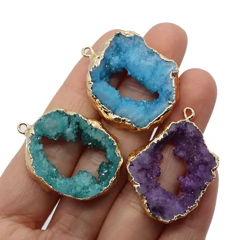 Onregelmatige Natuurlijke Druzy Geode Agaat Schijf Hanger Met Vergulde Rand Kristallen Steen Charm Voor DIY Sieraden Maken