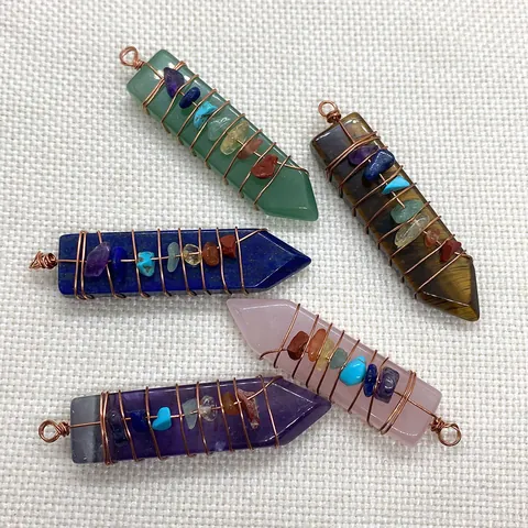 Natural Stone Hexagonal Column Pendant Only Without Chain Hand Wire Wrapped Seven Chakra Stones Reiki Healing Jewelry
