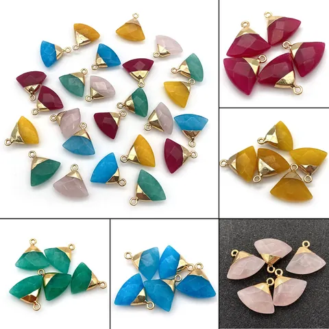 Fan Shaped Natural Stone Pendants With Gold Plated Bail Multi Color Gemstone Charms For DIY Necklace Earrings Making