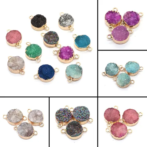 Natural Stone Crystal Druzy Round Connector Pendant DIY Jewelry Making Gold Plated Alloy Double Loop Charm Accessories