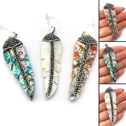 Natürlicher Abalone-Muschel-Blattanhänger mit Strass für DIY-Schmuckherstellung im ethnischen böhmischen Federstil