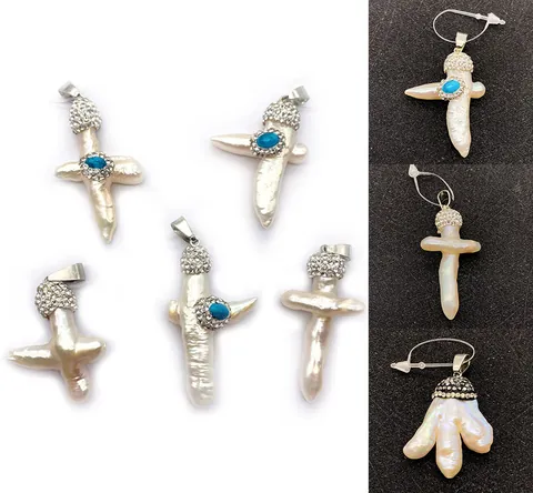 Künstliche Barockperlen-Kreuzanhänger Unregelmäßiger Naturperlen-Strass-Türkis-Charm Für DIY-Halsketten Hochzeits-Schmuckzubehör