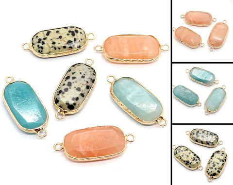 Naturstein Facettiert Oval Anhänger Amazonit Dalmatiner Jaspis Verbinder Goldrand Doppeloch DIY Schmuckherstellung Zubehör