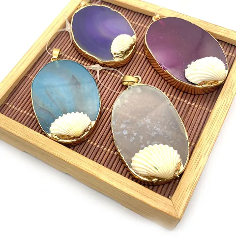 Natural Agate Stone Oval Pendant With Gold Plated Alloy Edge And White Shell For DIY Jewelry Making Sweater Chain Necklaces