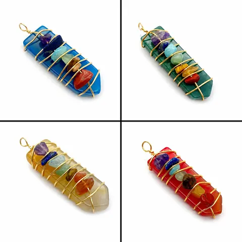 Natural Stone Hexagonal Prism Sword Pendant 7 Chakra Chips Wire Wrapped Handmade Crystal Healing Agate Quartz Necklace Charm DIY Jewelry Finding