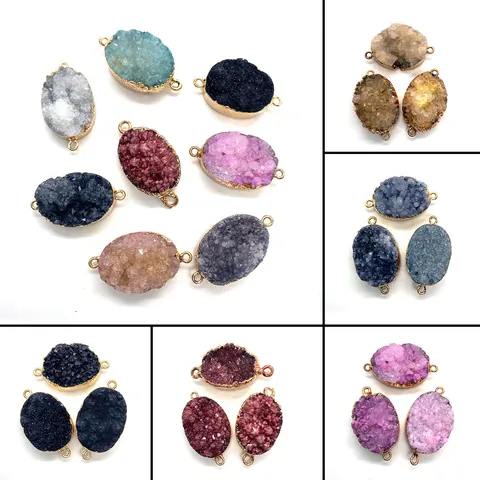 Natuursteen Druzy Kwarts Ovaal Connector Hanger Goud Verguld Metalen Rand Dubbele Ring Edelsteen DIY Sieraden Maken
