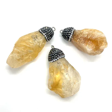 Natural Citrine Raw Stone Pendant With Rhinestone Alloy Cap Irregular Yellow Crystal For DIY Jewelry Making Sweater Chain