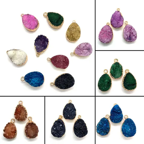 Natural Druzy Stone Teardrop Pendant Alloy Electroplated Waterdrop Crystal Charm For DIY Jewelry Making Necklaces Making