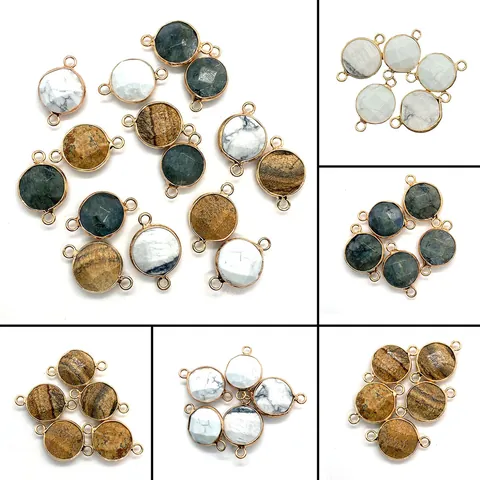 Natuursteen Ronde Connector Hanger Gefacetteerd Gepolijst Goud Verguld Legering Rand Dubbele Lus DIY Sieraden Maken Accessoires