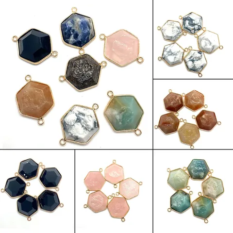 Gefacetteerde Zeshoekige Natuursteen Verbindingshangers Met Dubbele Lussen Koper Verguld DIY Ketting Sieraden Maken Accessoires